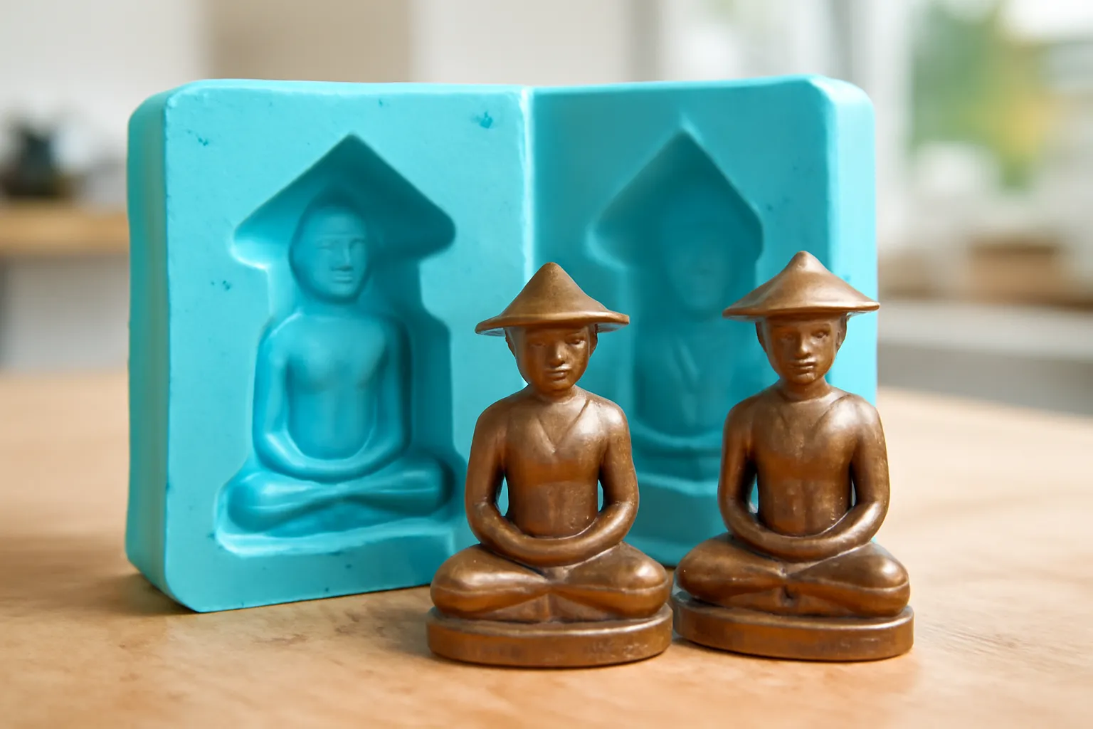 Hai tượng đồng nhỏ giống nhau đặt cạnh khuôn silicone mở trên bàn xưởng