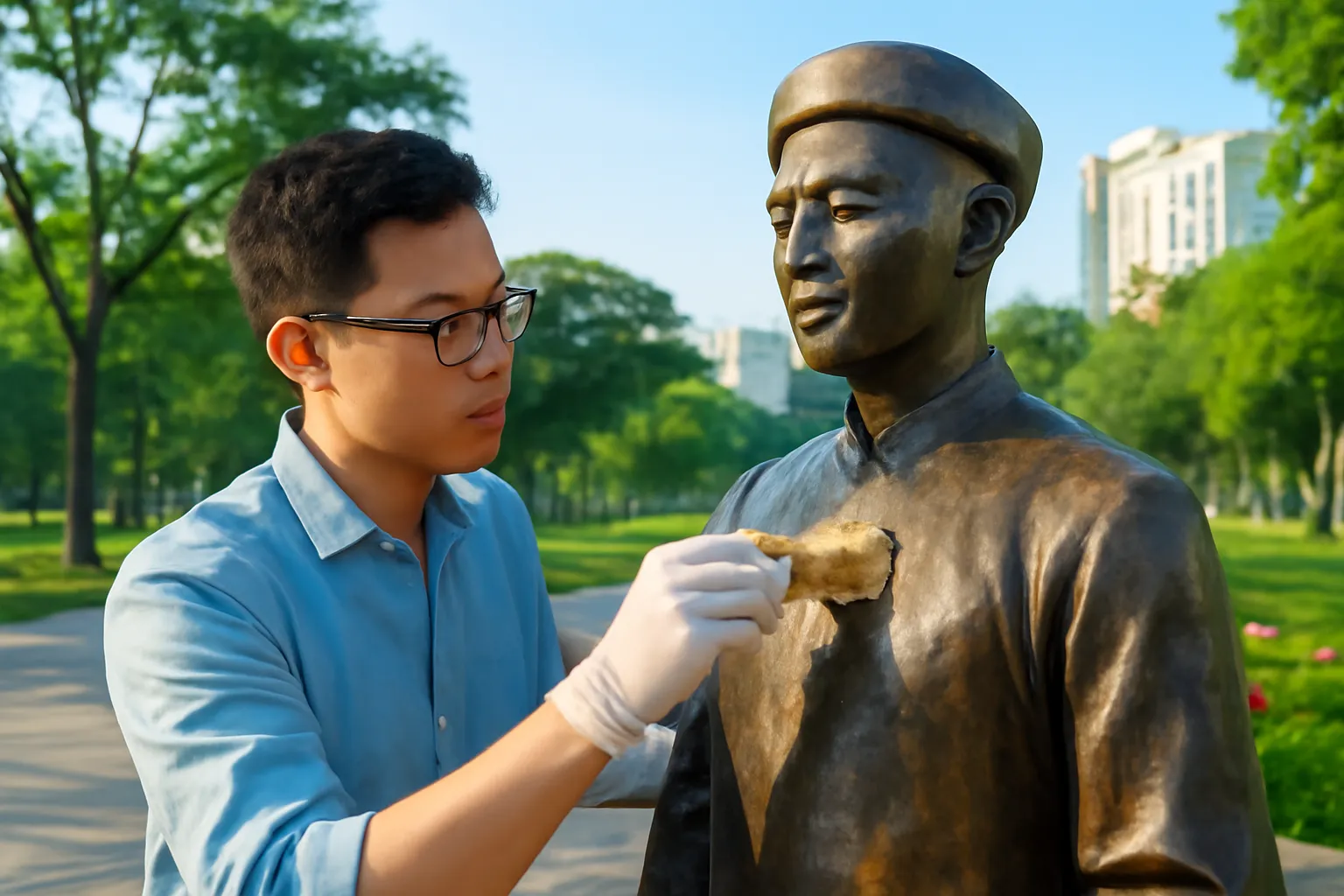 Người thợ quét sáp ấm lên tượng đồng trong công viên vào buổi sáng