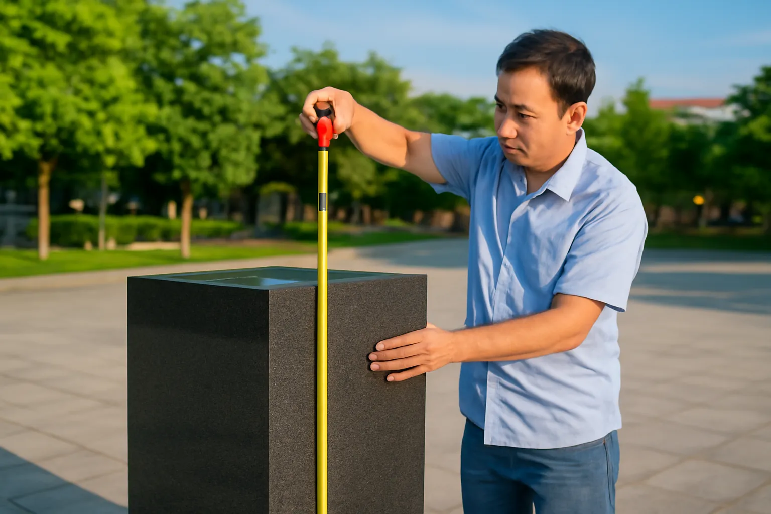 Người đứng cạnh bệ đá hoa cương trống chưa đặt tượng, cầm thước đo