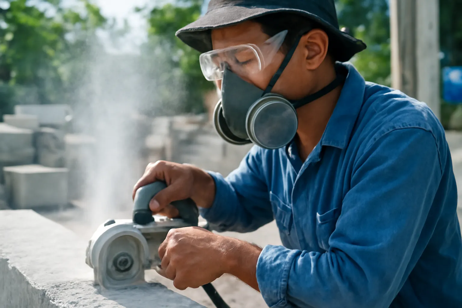 Thợ đá đeo mặt nạ lọc bụi nửa mặt và kính, cắt ướt giữa sương nước