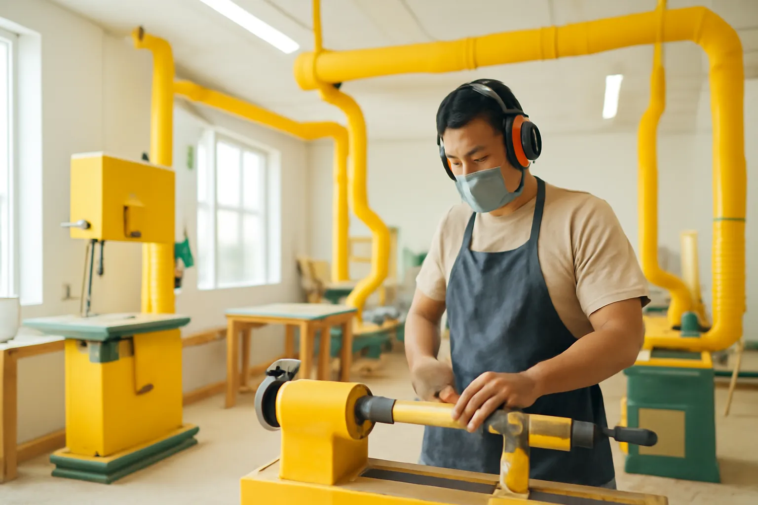 Xưởng gỗ có ống hút bụi màu vàng nối máy, thợ đeo chụp tai