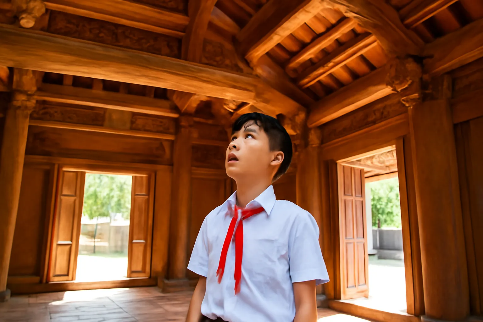 Cậu học sinh ngửa nhìn đầu dư chạm gỗ dưới mái đình làng