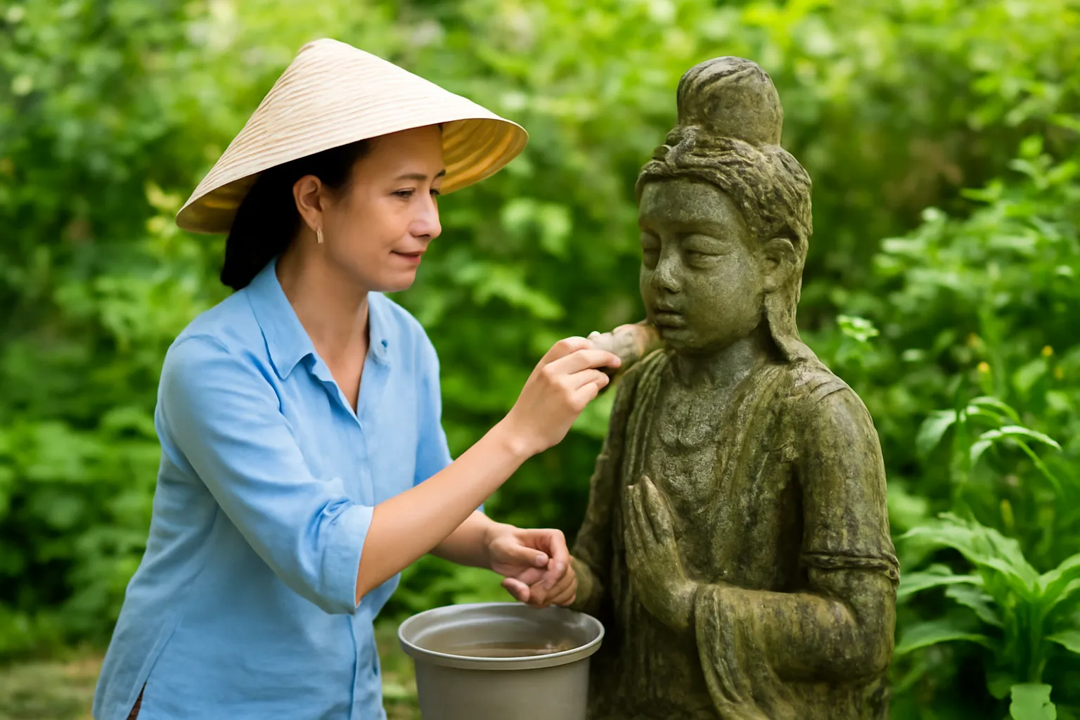 Người phụ nữ lau nhẹ tượng đá trong vườn bằng bàn chải mềm sau mưa