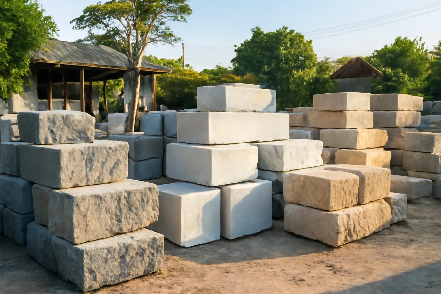 Khối đá xanh, đá trắng và sa thạch xếp ở bãi đá làng nghề buổi sáng
