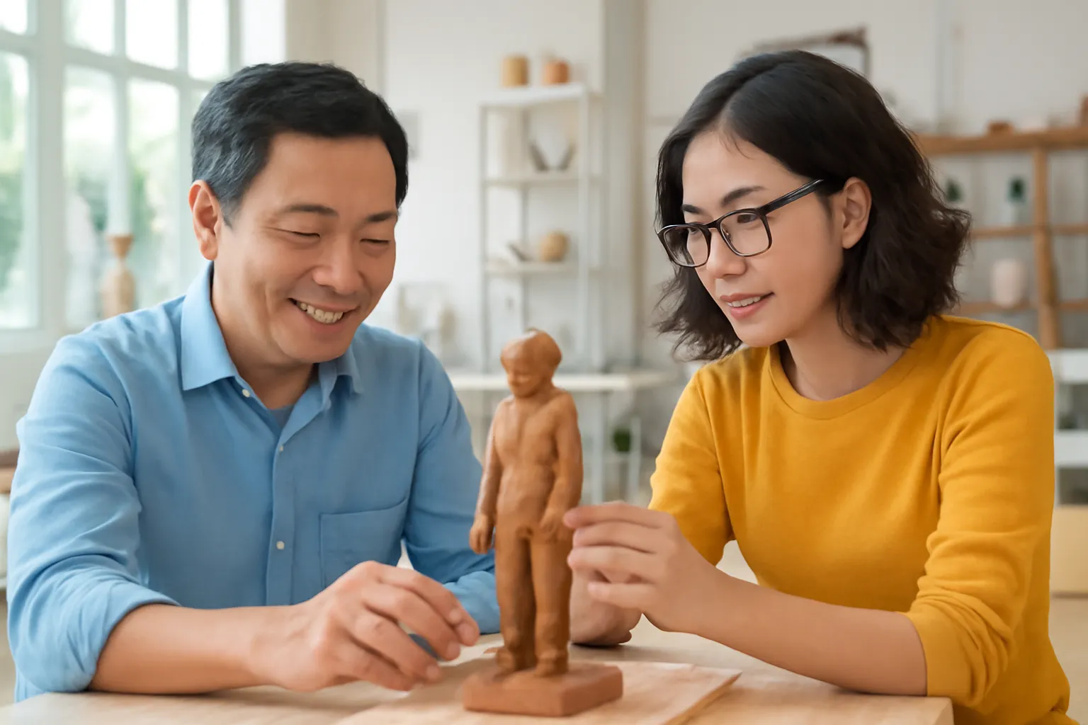 Khách hàng và nhà điêu khắc cùng xem mẫu đất nhỏ trên bàn xưởng
