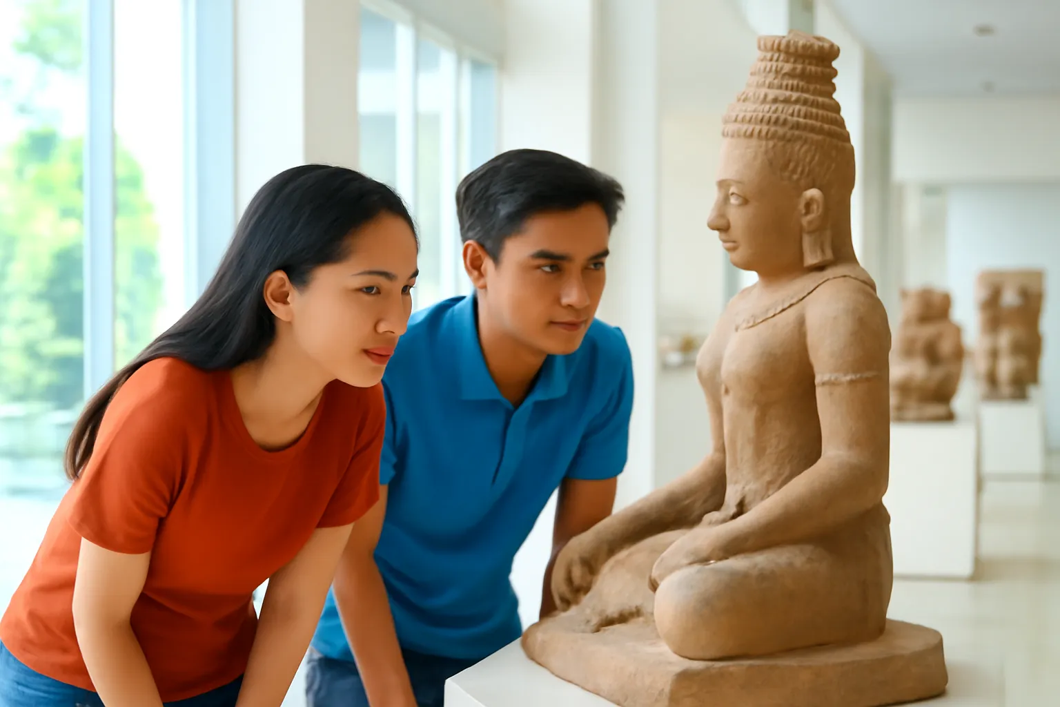 Du khách trẻ cúi xem tượng sa thạch Chăm trong sảnh bảo tàng sáng