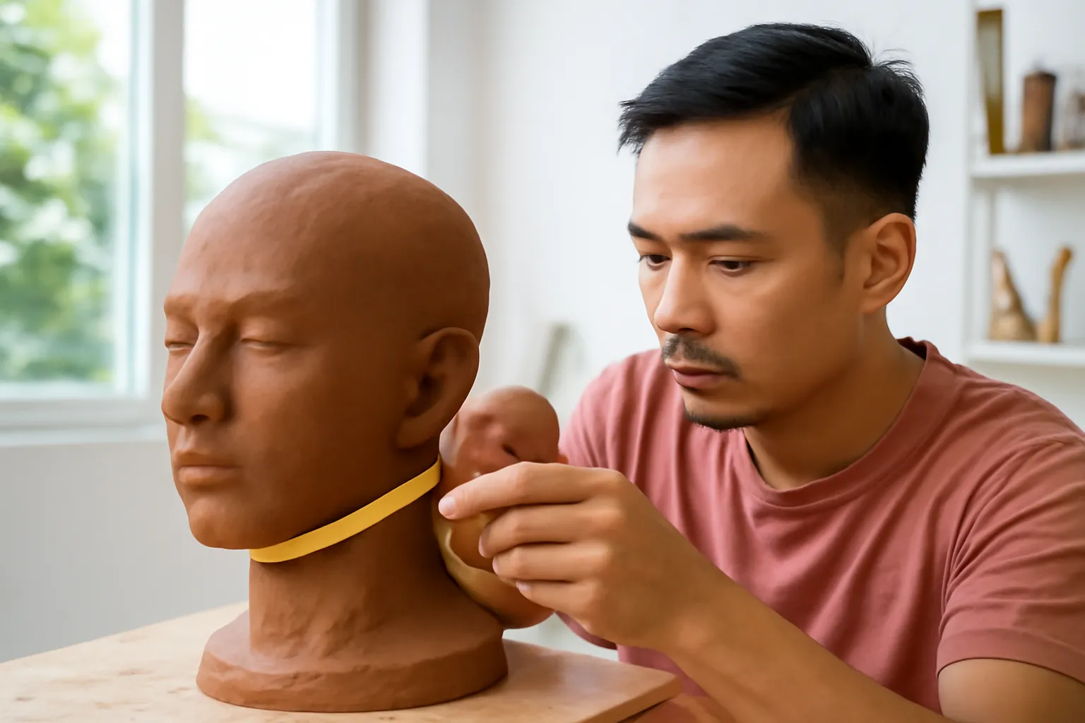 Người thợ cài những lá đồng mỏng quanh đầu tượng đất trước khi đổ thạch cao