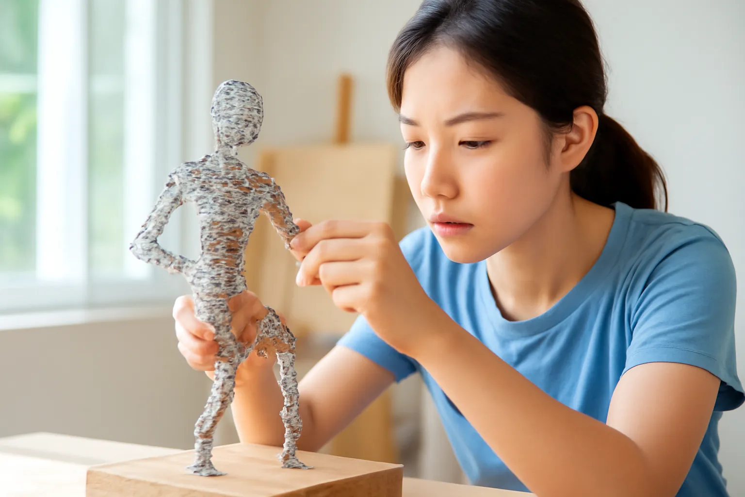 Khung sắt và dây đồng dựng dáng người, cô sinh viên đang quấn dây