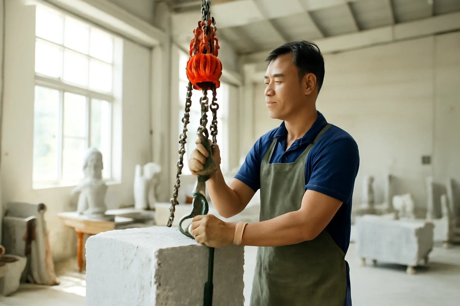 Nhà điêu khắc dùng pa lăng xích nâng khối đá, lưng đứng thẳng