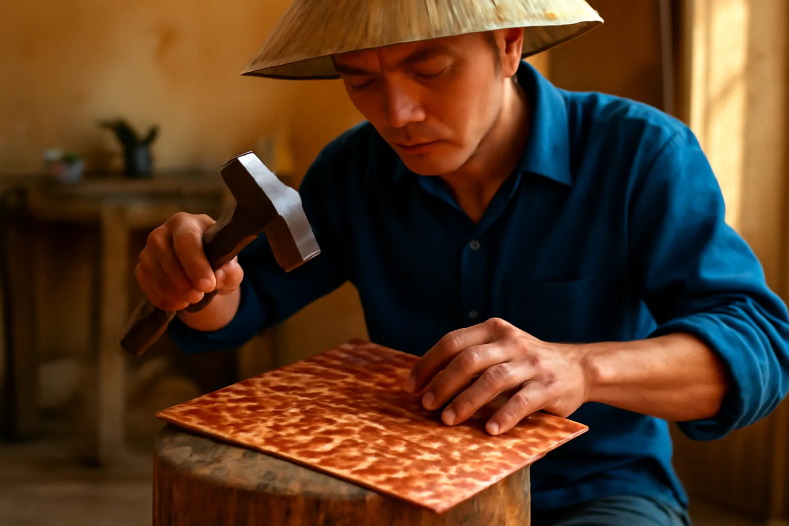 Người thợ gõ búa gò tấm đồng trên đe gỗ, mặt đồng lượn sóng