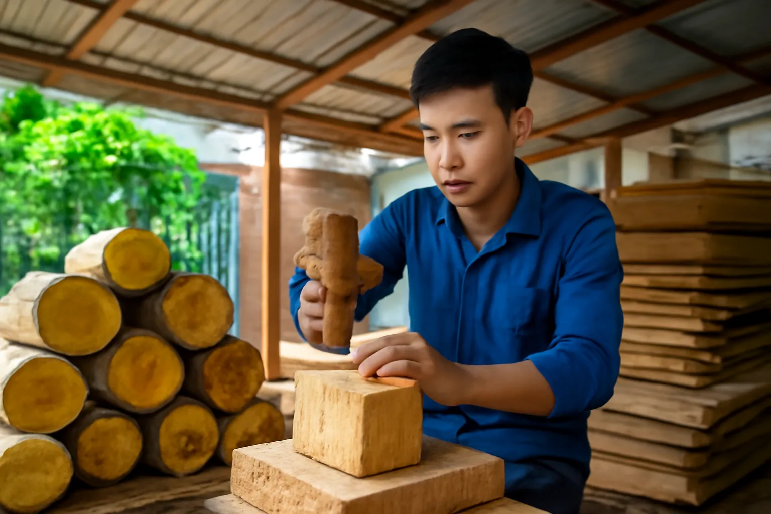Thợ trẻ gõ thử những khúc gỗ xếp dưới mái tôn xưởng làng