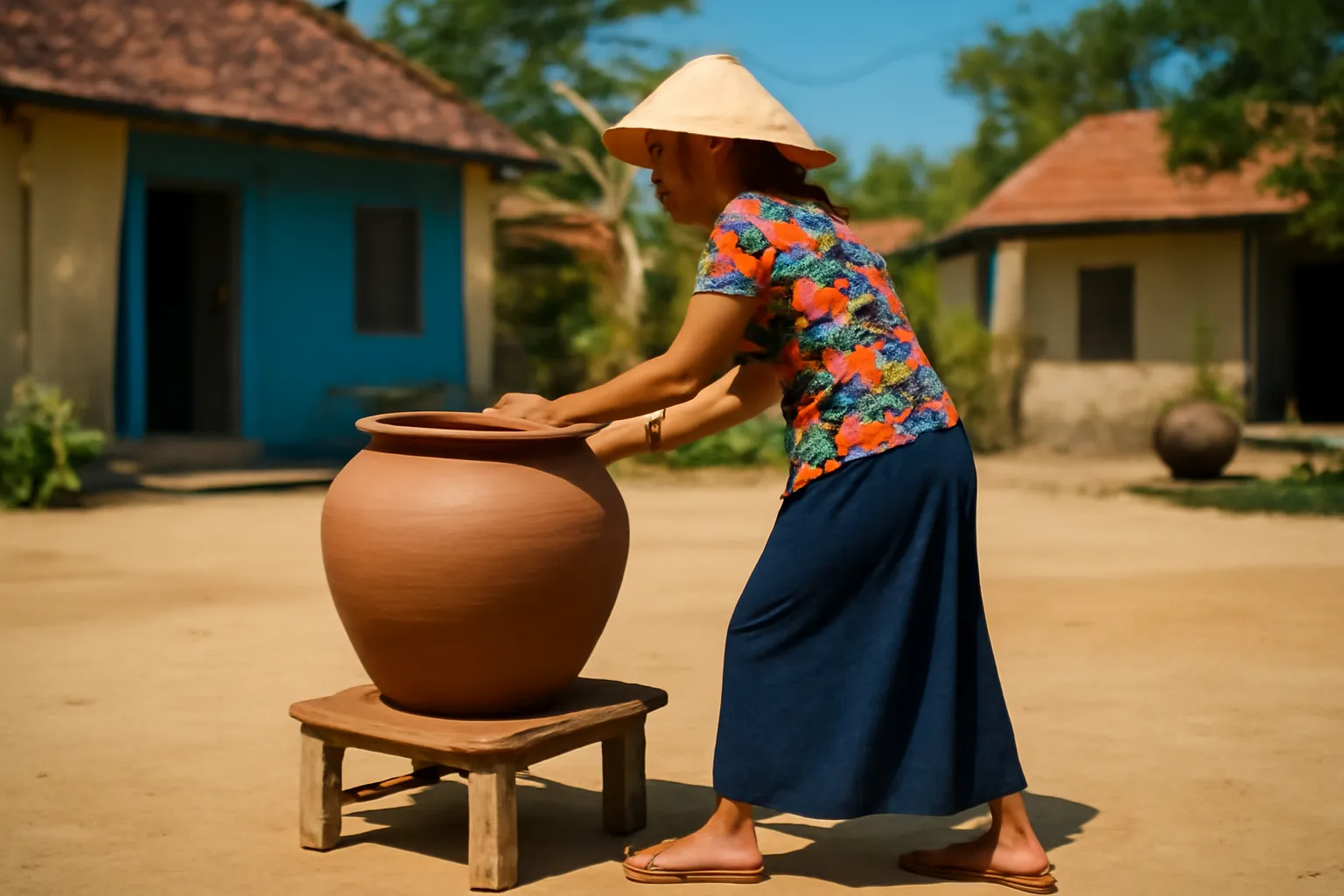 Người phụ nữ Chăm đi lùi quanh khối đất trên bệ gỗ, vuốt vành gốm