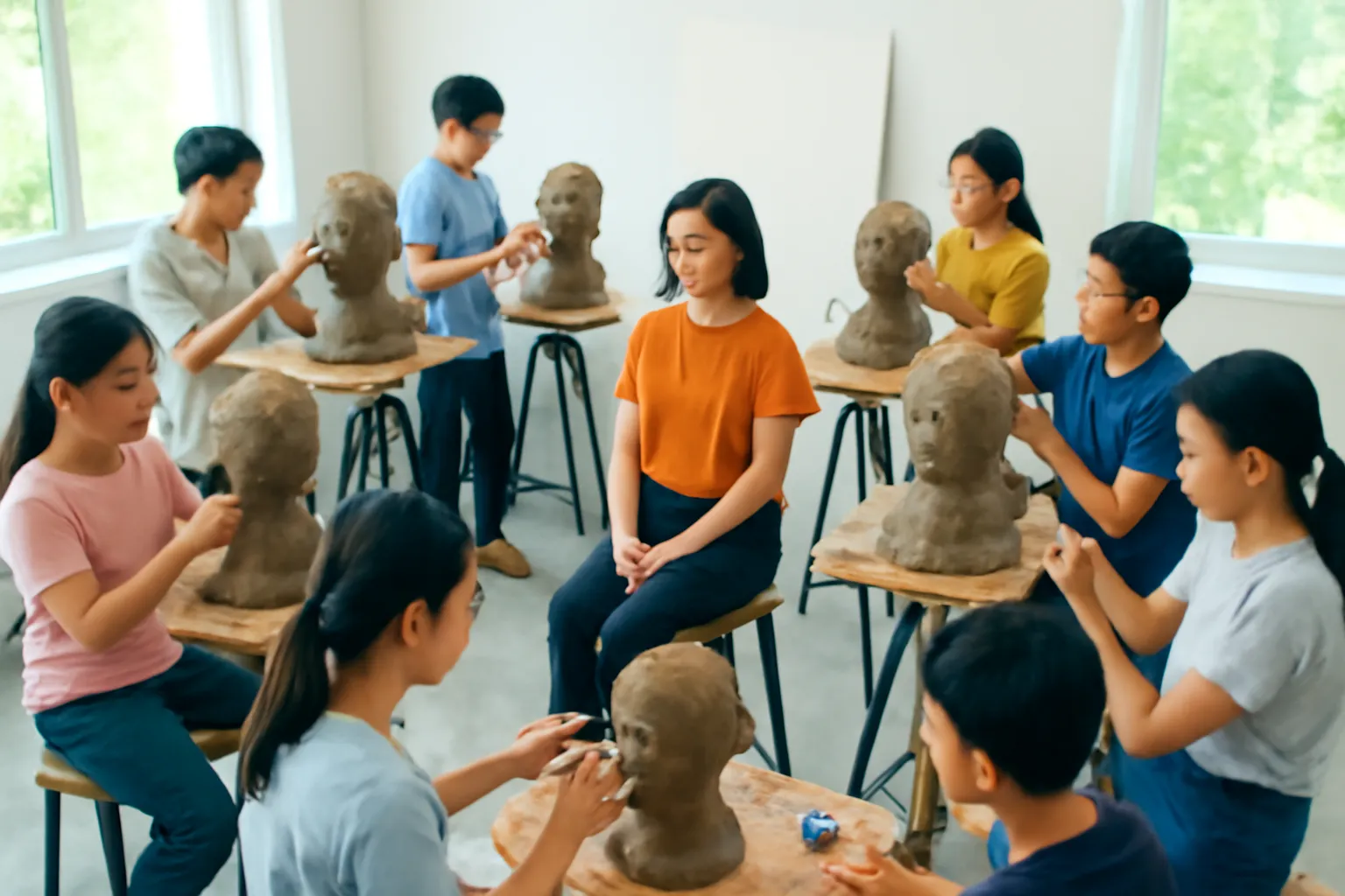 Lớp học điêu khắc với sinh viên nặn tượng bán thân quanh người mẫu