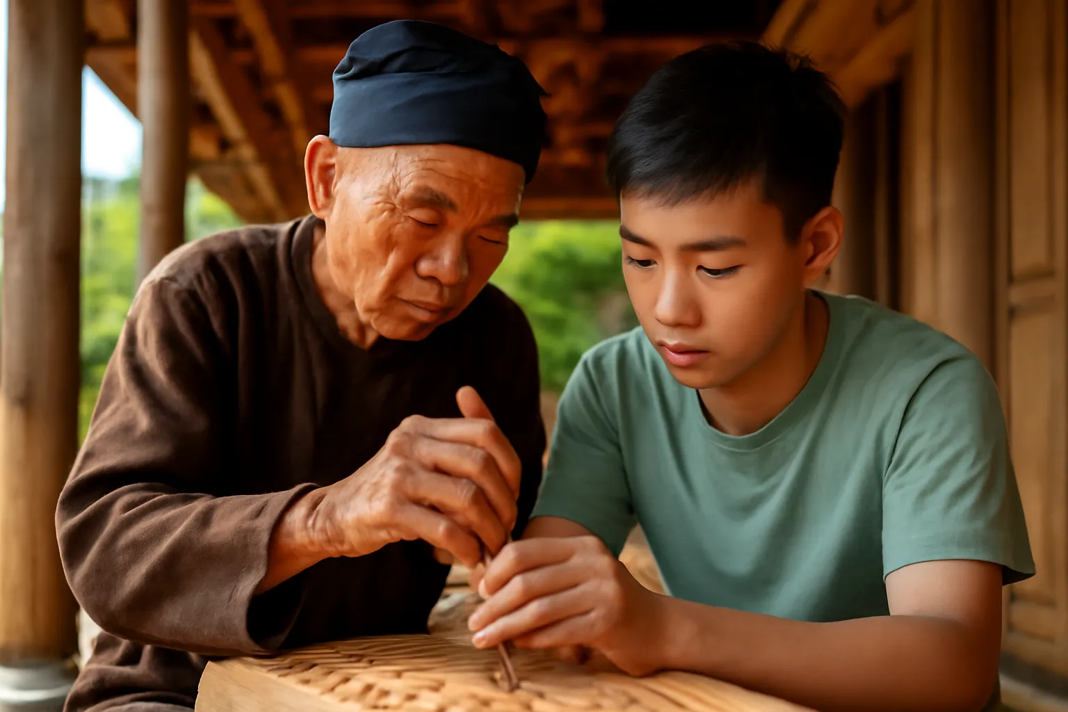 Thợ cả lớn tuổi cầm tay cậu học việc chỉnh góc đục dưới hiên nhà gỗ
