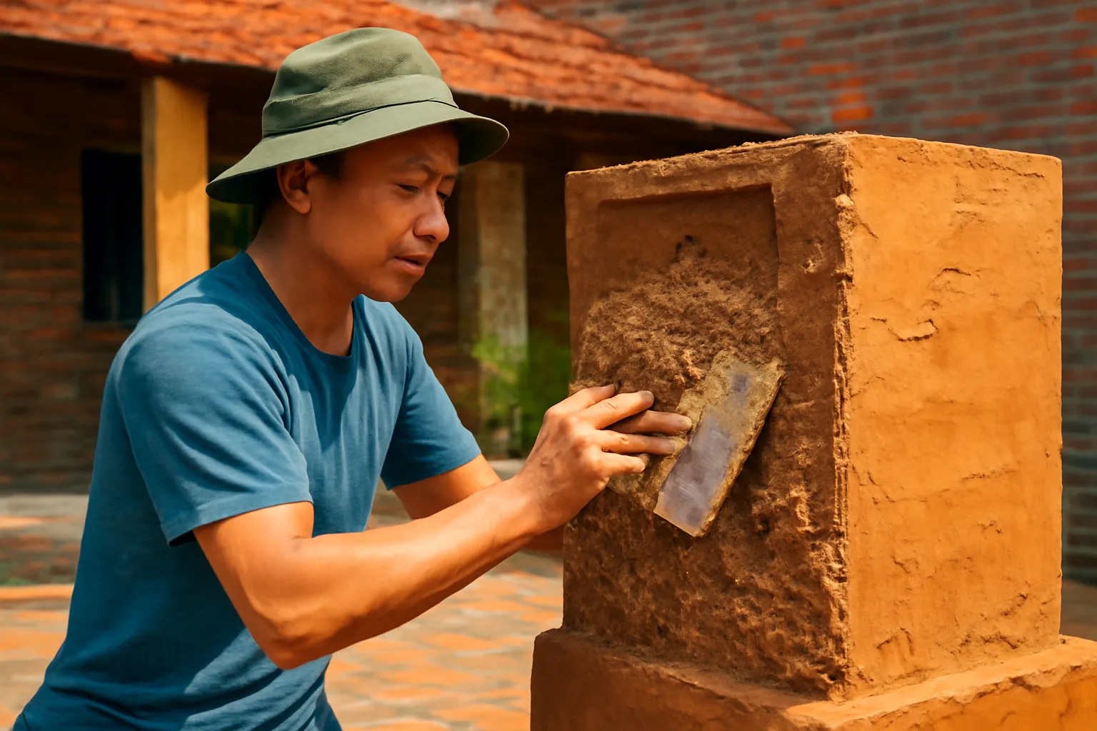 Thợ trát đất trộn trấu lên một khuôn lớn ngoài sân gạch lúc chiều