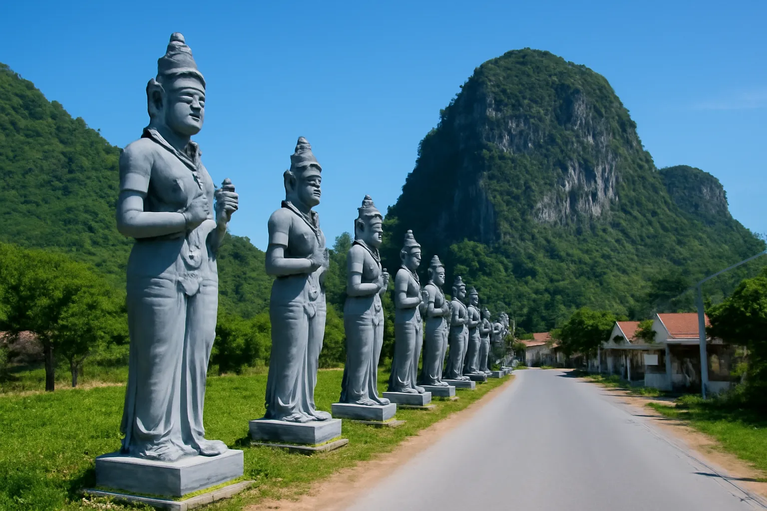 Hàng tượng đá xanh lớn đứng bên đường làng dưới chân núi đá vôi