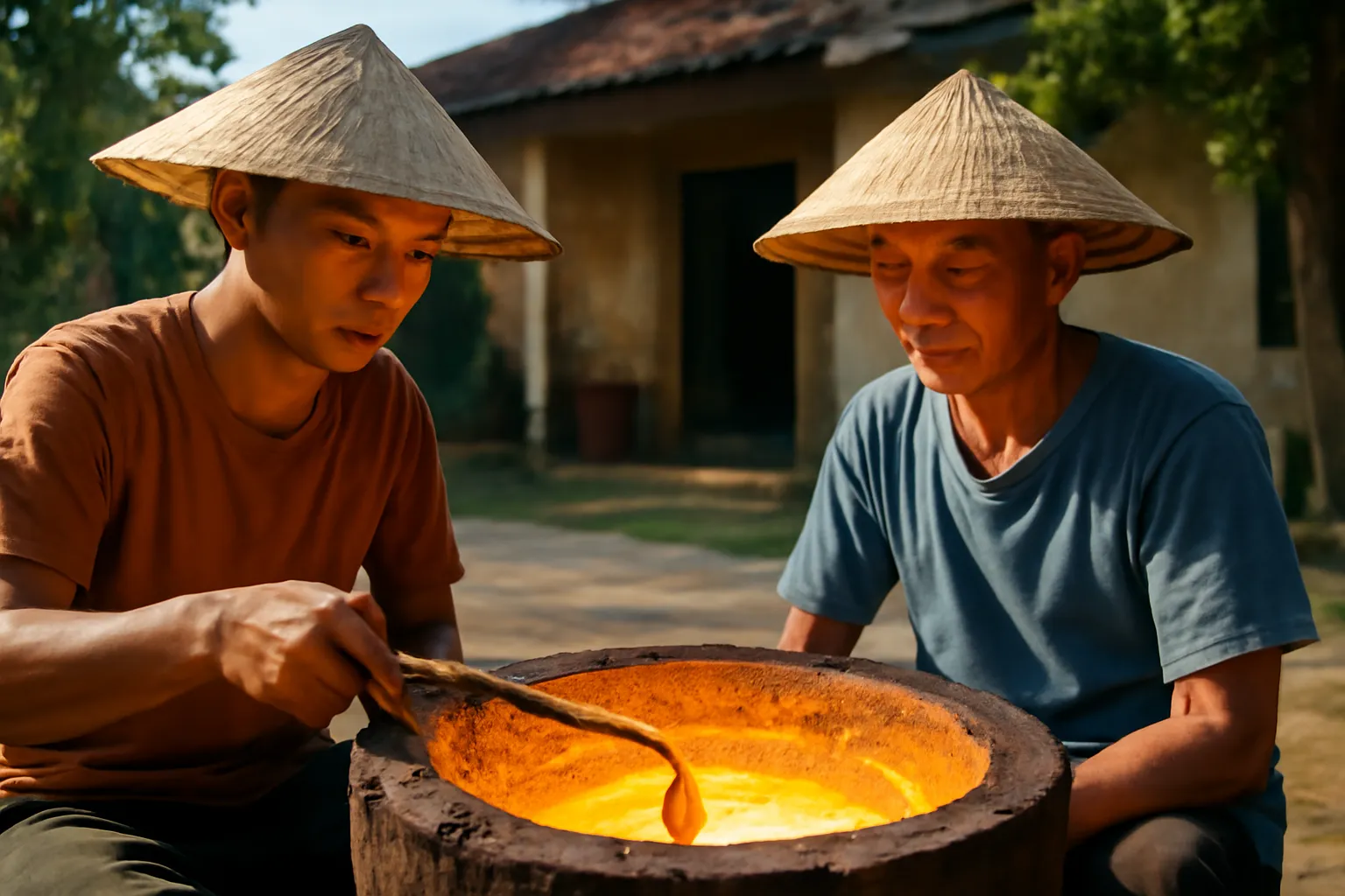 Ánh lửa lò nấu đồng hắt lên mặt hai người thợ đội nón trong sân làng