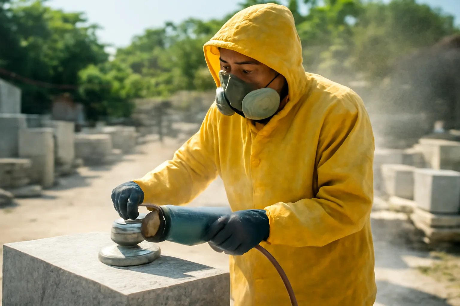 Máy mài cầm tay phun nước lên khối đá, thợ mặc áo mưa và mặt nạ