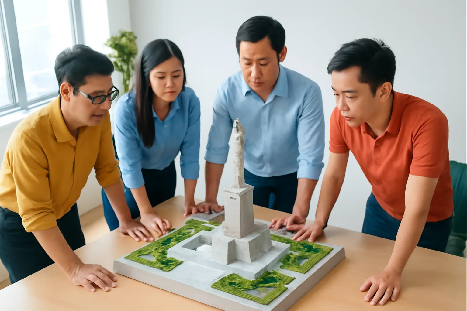 Mẫu tượng đài thu nhỏ trên bàn họp, vài người đứng quanh xem