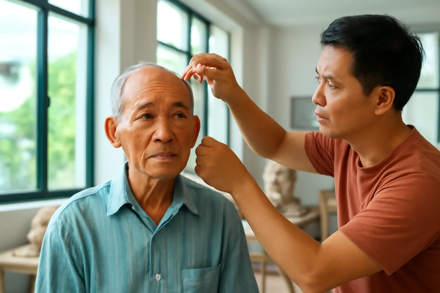 Người mẫu lớn tuổi ngồi ghế, nhà điêu khắc đo bằng compa càng cong