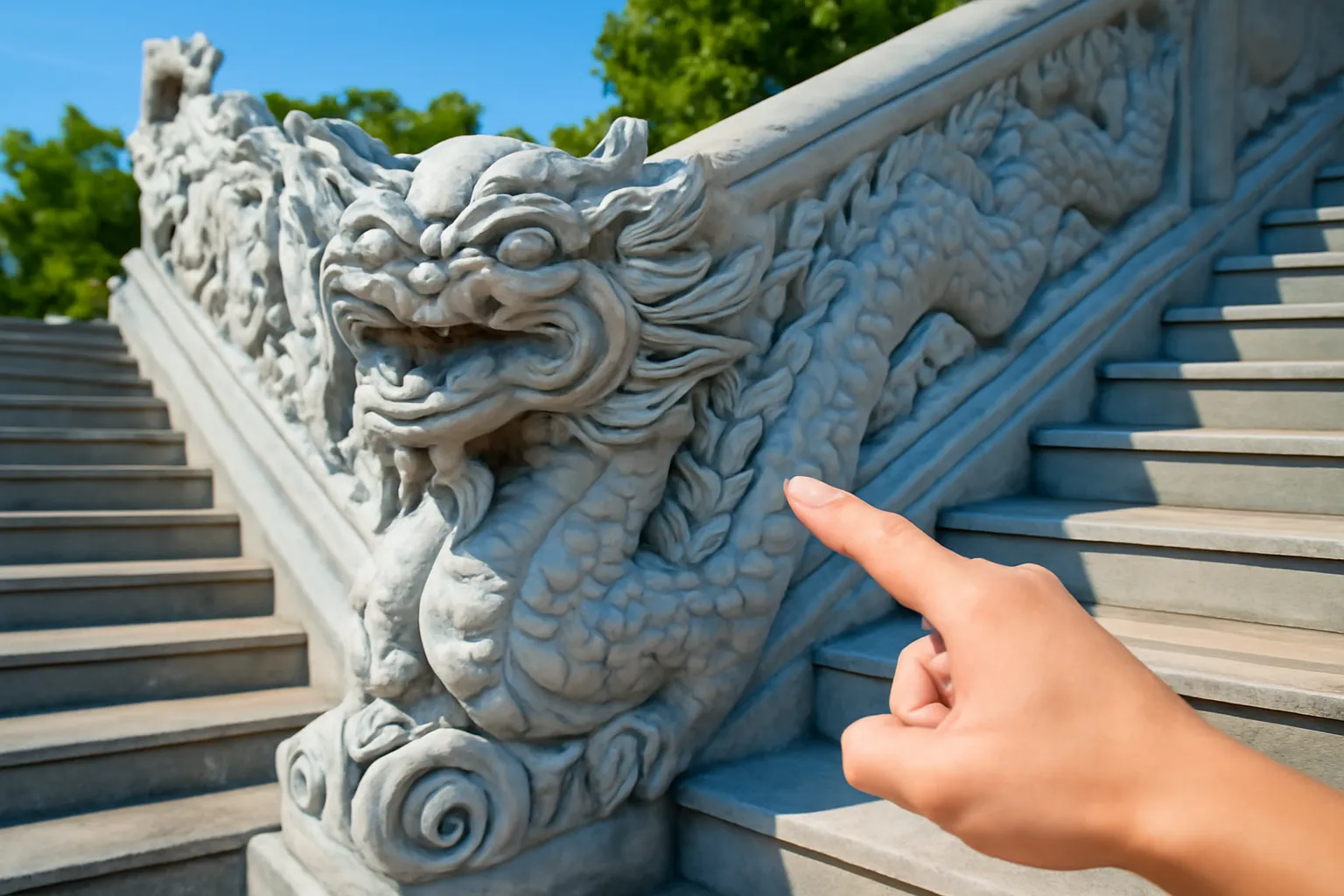 Bàn tay chỉ vào phù điêu rồng đá uốn khúc trên lan can bậc thềm