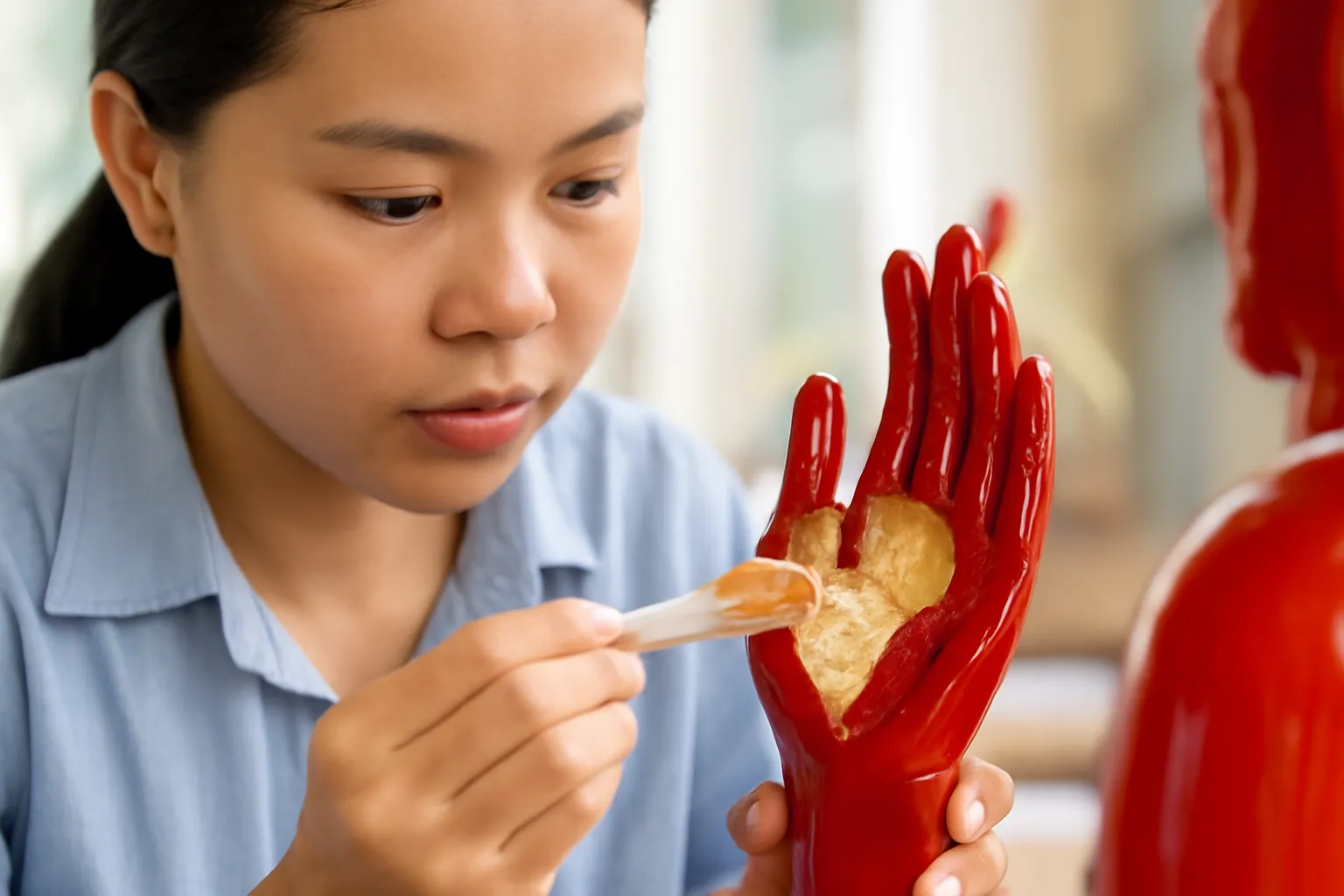 Cô thợ đặt lá vàng mỏng lên tay tượng sơn đỏ bằng bút lông