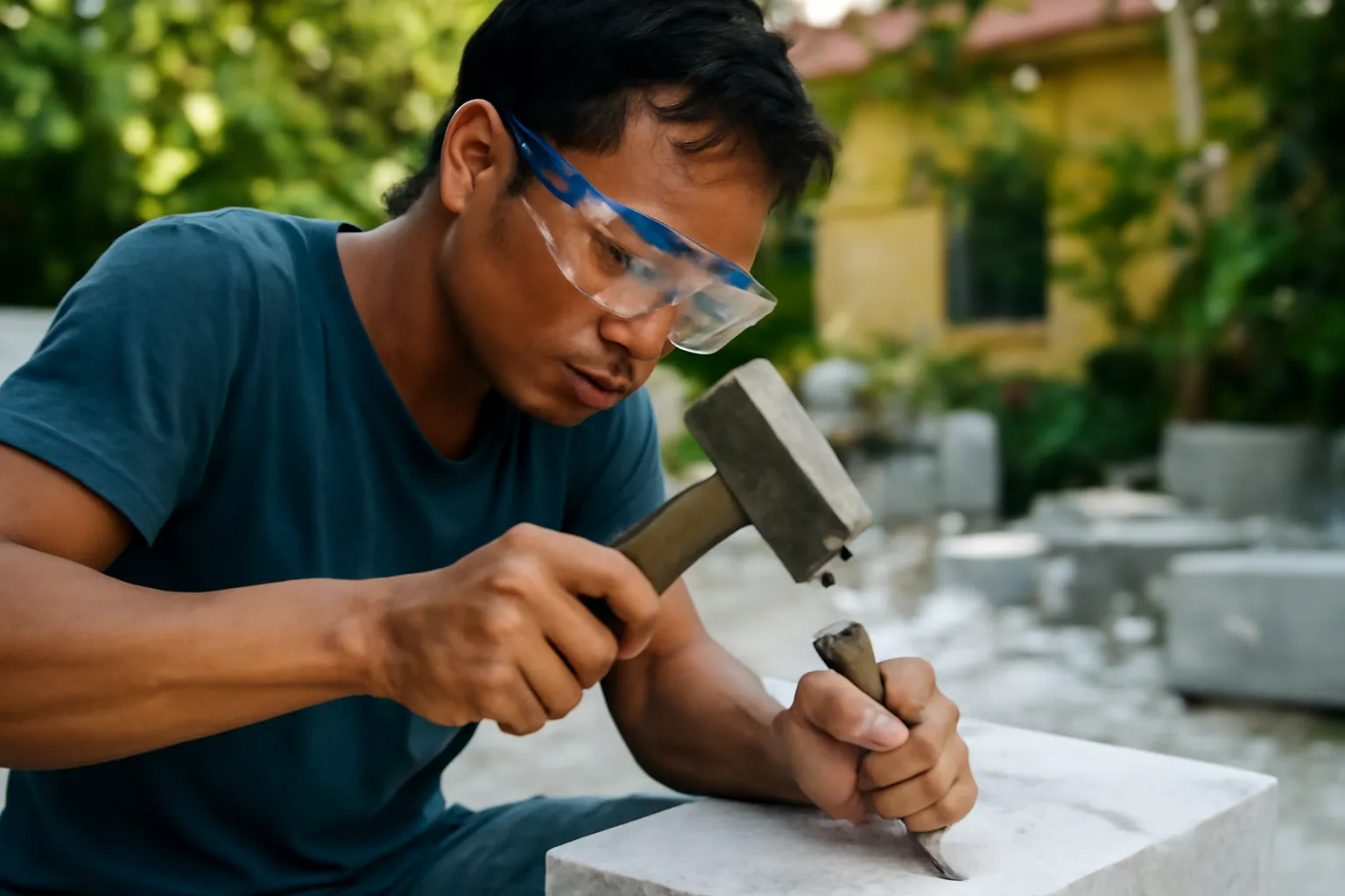 Thợ đá đeo kính bảo hộ cầm búa và đục, mảnh đá văng ra