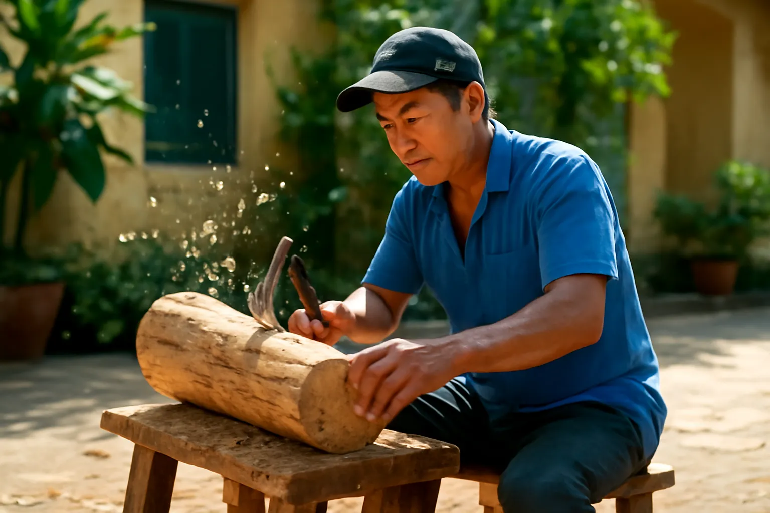 Người thợ trung niên dùng rìu nhỏ phác khối gỗ, mùn cưa bay trong nắng