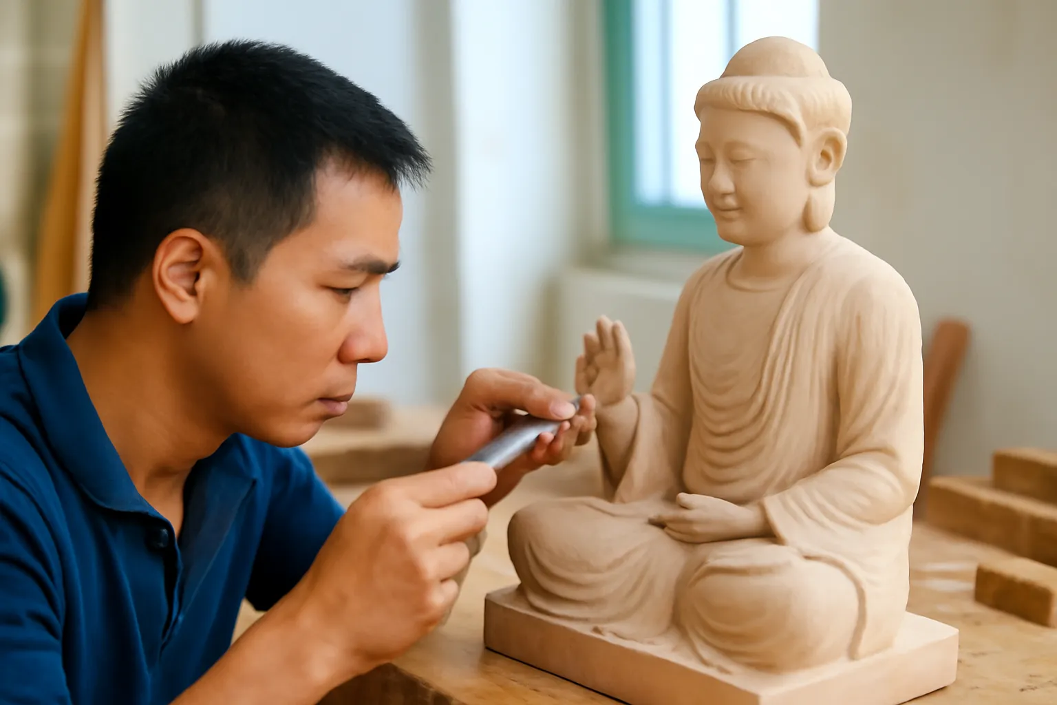 Thợ chỉnh thế tay của một pho tượng gỗ chưa sơn đặt trên bàn xưởng