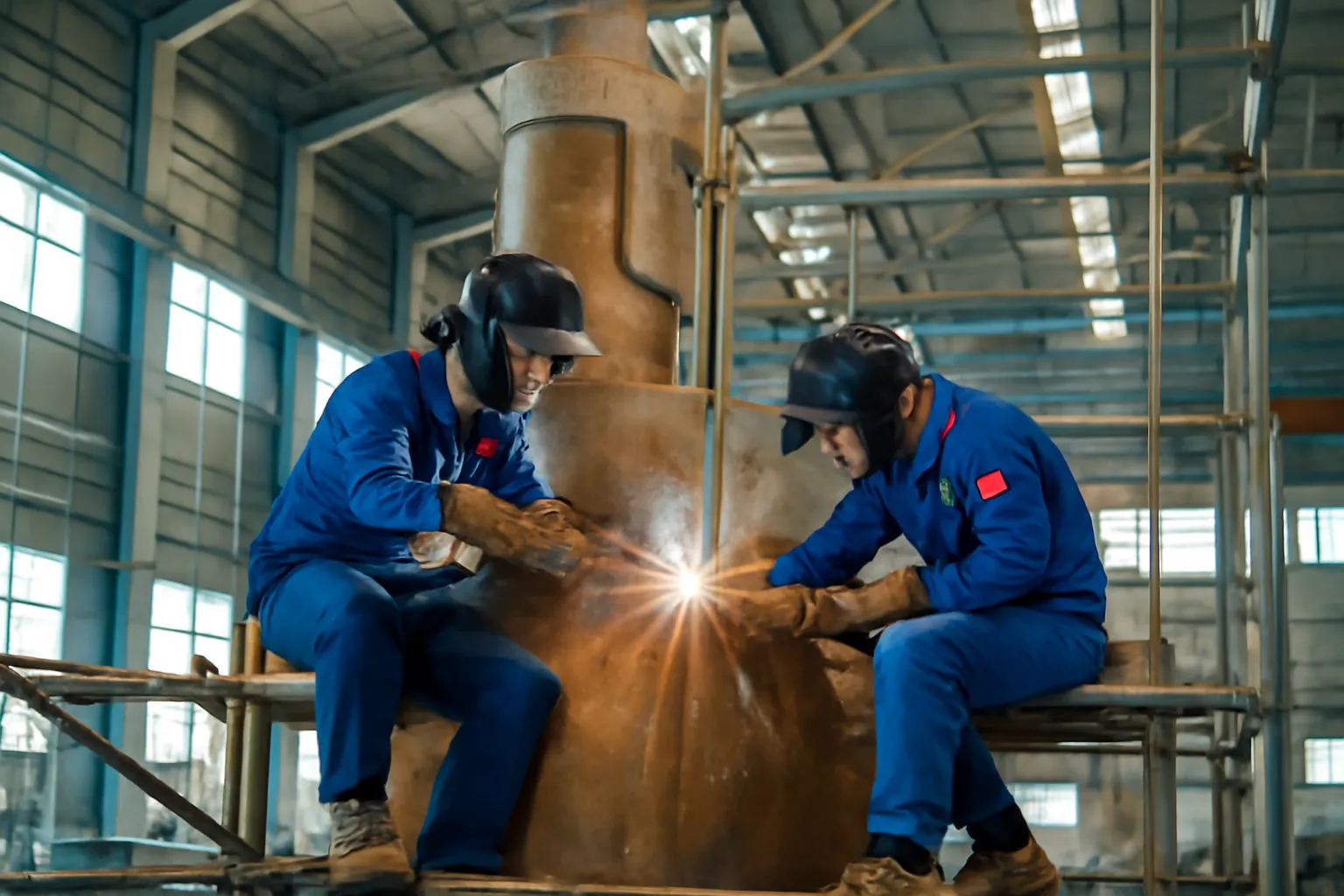 Hai thợ hàn ghép mảnh vai tượng đồng lớn trên giàn trong xưởng cao trần