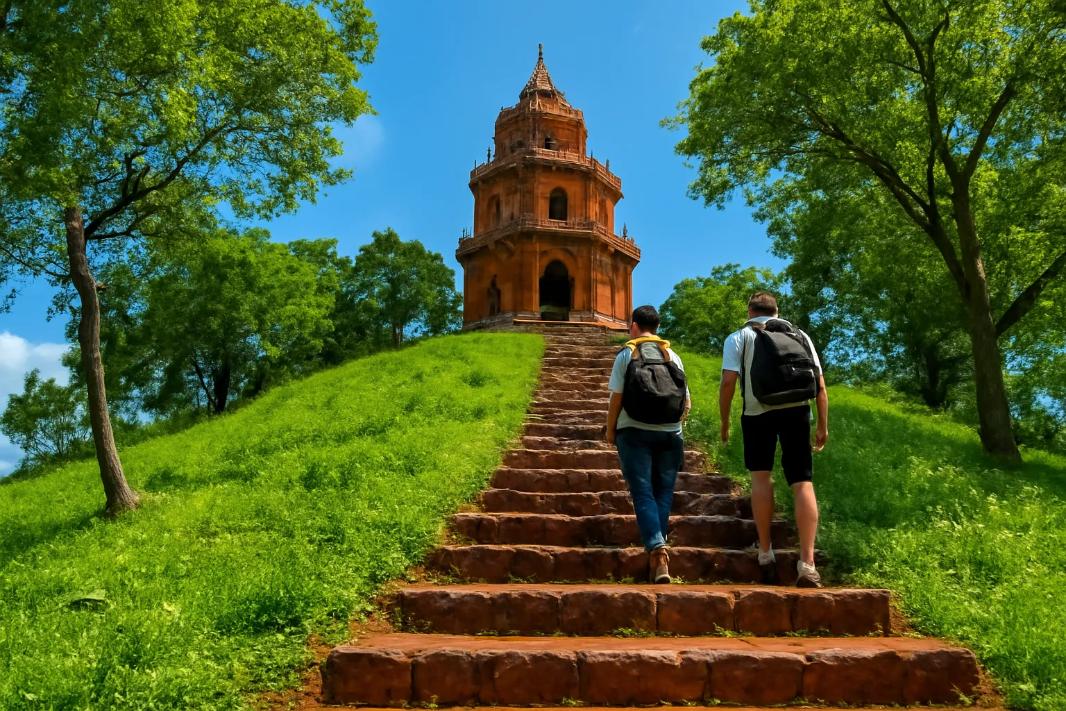 Bậc đá ong dẫn lên chùa trên đồi, hai người khách đang leo dốc