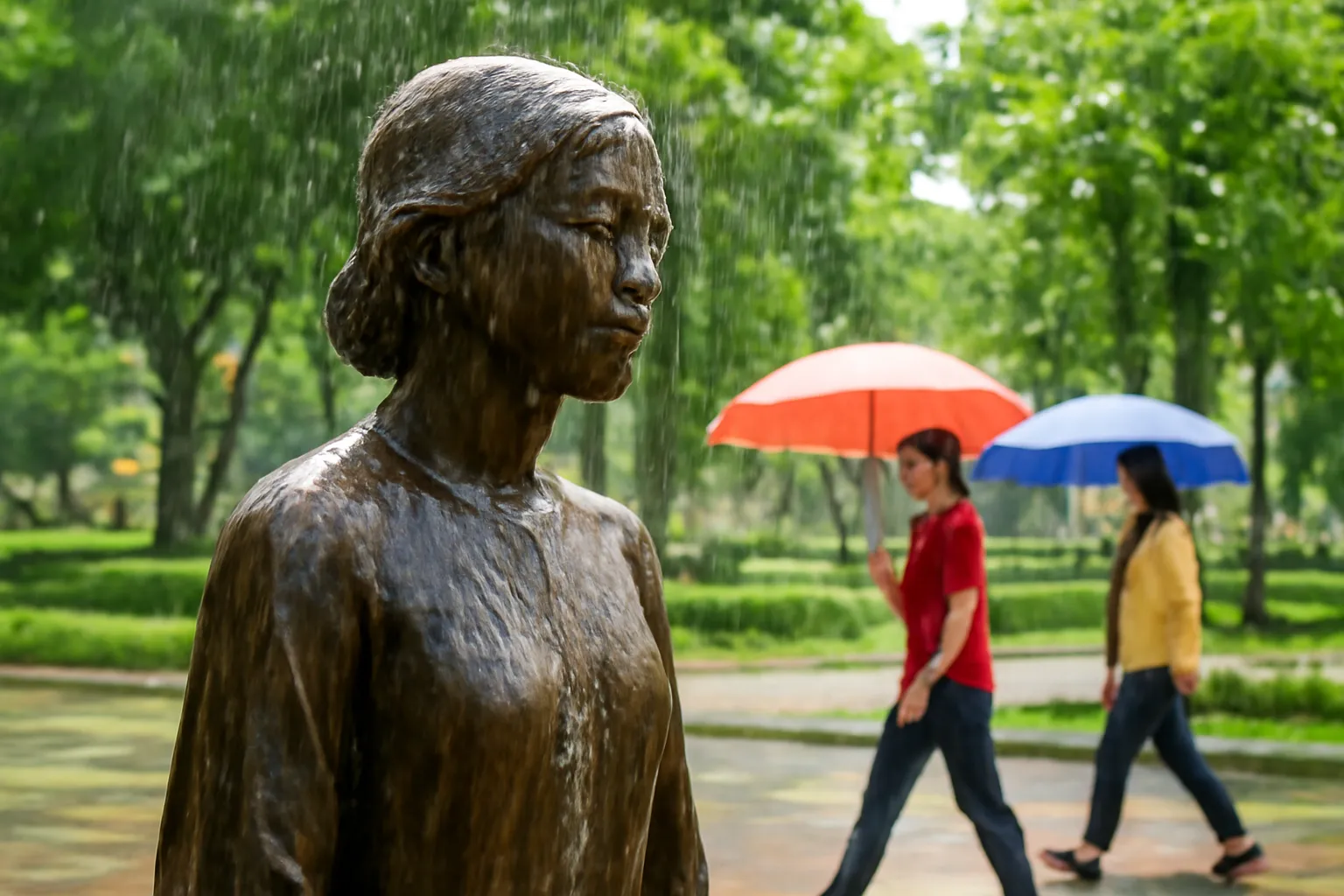 Nước mưa chảy thành dòng trên tượng đồng trong công viên, người qua cầm ô
