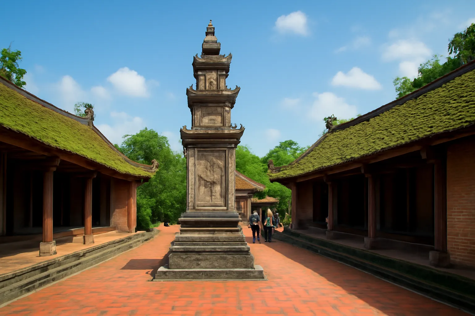 Sân gạch chùa cổ với tháp đá và mái ngói rêu phong, khách đứng xa