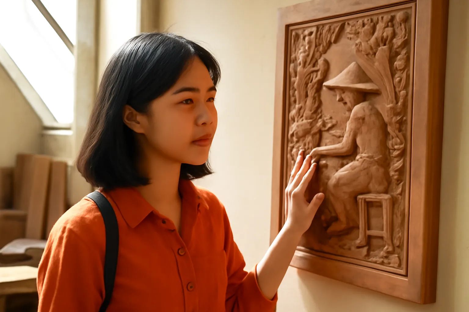 Cô sinh viên chạm tay lên mảng phù điêu gỗ treo trên tường xưởng